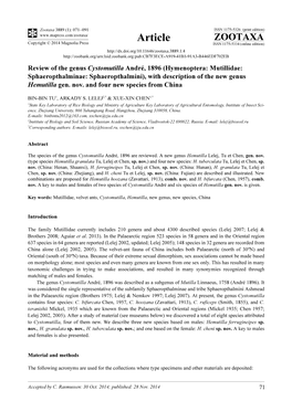 Review of the Genus Cystomutilla André, 1896 (Hymenoptera: Mutillidae: Sphaeropthalminae: Sphaeropthalmini), with Description of the New Genus Hemutilla Gen