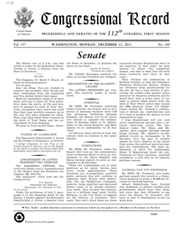 Congressional Record United States Th of America PROCEEDINGS and DEBATES of the 112 CONGRESS, FIRST SESSION