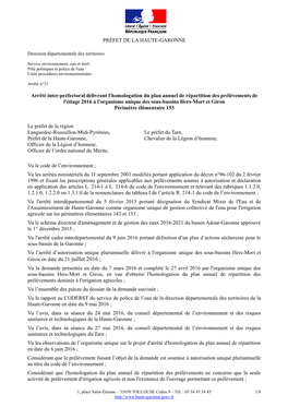 PRÉFET DE LA HAUTE-GARONNE Arrêté Inter-Préfectoral Délivrant L'homologation Du Plan Annuel De Répartition Des Prélèveme