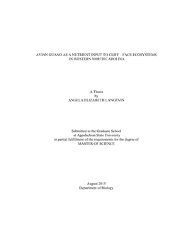 Avian Guano As a Nutrient Input to Cliff – Face Ecosystems in Western North Carolina