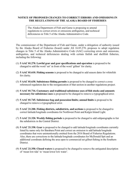 Notice of Proposed Changes to Correct Errors and Omissions in the Regulations of the Alaska Board of Fisheries