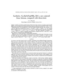 Luetheite, Cuzalz(As04)Z(OH)4.Hzo, a New Mineral from Arizona, Compared with Chenevixite