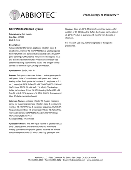 SERPINB13 293 Cell Lysate Storage: Store at -80°C