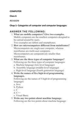 COMPUTER Class 6 REVISION Chap 1- Categories of Computer and Computer Languages