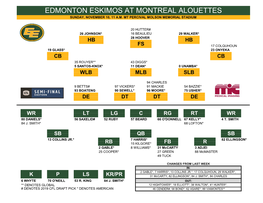 Edmonton Eskimos at Montreal Alouettes Sunday, November 10, 11 A.M