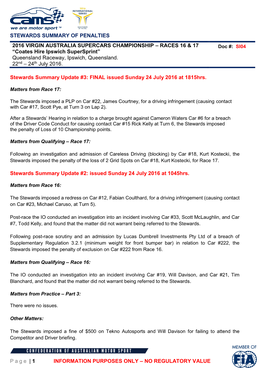 STEWARDS SUMMARY of PENALTIES Page | 1 INFORMATION