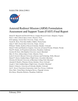 Asteroid Redirect Mission (ARM) Formulation Assessment and Support Team (FAST) Final Report