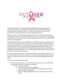 October Is Breast Cancer Awareness Month! It Is Important Time to Raise Awareness and Encourage Prevention