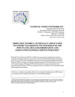 National Toxics Network Inc. Objection to Orica Australia's Application to Export to Germany Its Stockpile of the Pops Waste