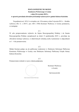 POSTANOWIENIE NR 348/2019 Komisarza Wyborczego W Łomży Z Dnia 20 Września 2019 R