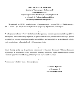 POSTANOWIENIE NR 98/2019 Komisarza Wyborczego W Bydgoszczy II Z Dnia 6 Maja 2019 R