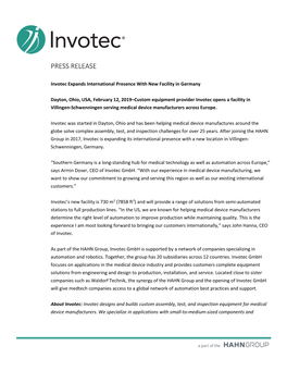 Invotec Expands International Presence with New Facility in Germany
