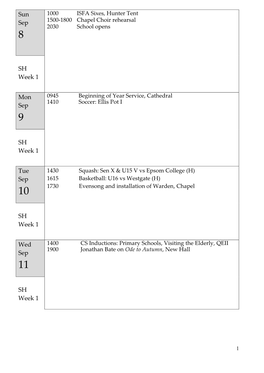 Sun Sep SH Week 1 Mon Sep SH Week 1 Tue