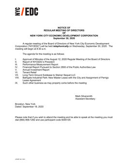 NOTICE of REGULAR MEETING of DIRECTORS of NEW YORK CITY ECONOMIC DEVELOPMENT CORPORATION September 30, 2020