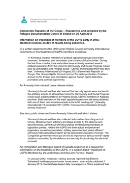 Democratic Republic of the Congo – Researched and Compiled by the Refugee Documentation Centre of Ireland on 26 April 2013