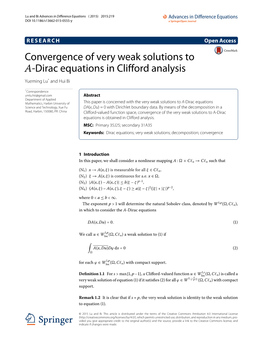 Convergence of Very Weak Solutions to A-Dirac Equations in Clifford Analysis Yueming Lu* and Hui Bi