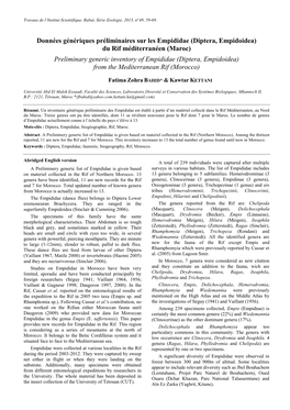 Diptera, Empidoidea) Du Rif Méditerranéen (Maroc) Preliminary Generic Inventory of Empididae (Diptera, Empidoidea) from the Mediterranean Rif (Morocco)