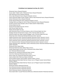 Prohibited List (Updated List May 30, 2017) · Mohamed Hosny Elsayed Mubarak · Suzan Saleh Thabet (Wife of Mohamed Hosny Elsaye