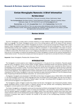 Cretan Hieroglyphs Numerals: a Brief Information