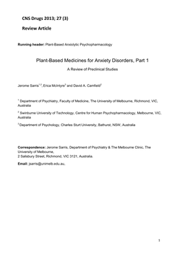 Review Article Plant-Based Medicines for Anxiety