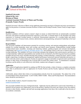 Samford University School of the Arts Division of Music Assistant/Associate Professor of Music and Worship (9-Month, Tenure-Track)