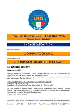 Comunicato Ufficiale N. 38 Del 06/03/2019 Stagione Sportiva 2018/2019
