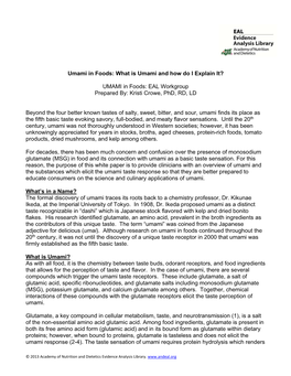 UMAMI in Foods: EAL Workgroup Prepared By: Kristi Crowe, Phd, RD, LD