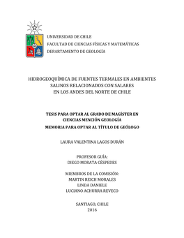 Hidrogeoquímica De Fuentes Termales En Ambientes Salinos Relacionados Con Salares En Los Andes Del Norte De Chile