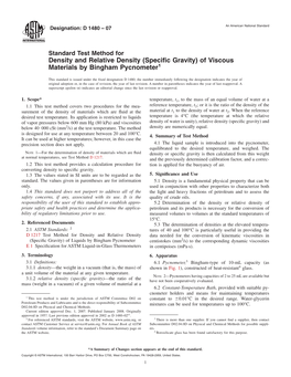 (Specific Gravity) of Viscous Materials by Bingham Pycnometer1