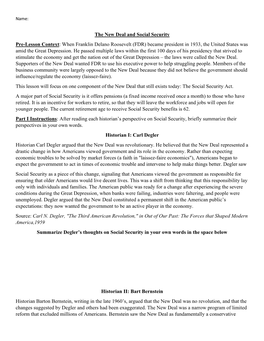 The New Deal and Social Security Pre-Lesson Context: When Franklin Delano Roosevelt (FDR) Became President in 1933, the United States Was Amid the Great Depression