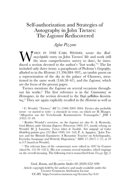 Self-Authorization and Strategies of Autography in John Tzetzes: the Logismoi Rediscovered Aglae Pizzone