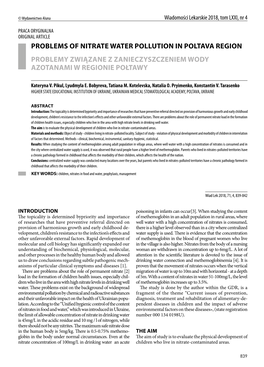 Problems of Nitrate Water Pollution in Poltava Region Problemy Związane Z Zanieczyszczeniem Wody Azotanami W Regionie Połtawy