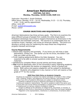 American Nationalisms HIST384, Fall 2011 Monday, Thursday, 10:50­12:05; HUM 111