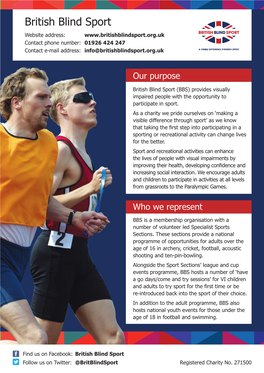 British Blind Sport Website Address: Contact Phone Number: 01926 424 247 Contact E-Mail Address: Info@Britishblindsport.Org.Uk