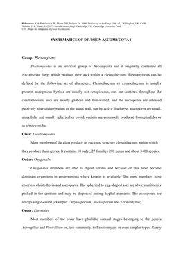 SYSTEMATICS of DIVISION ASCOMYCOTA 1 Group