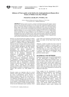 Influence of Water Quality on the Biodiversity of Phytoplankton in Dhamra River Estuary of Odisha Coast, Bay of Bengal