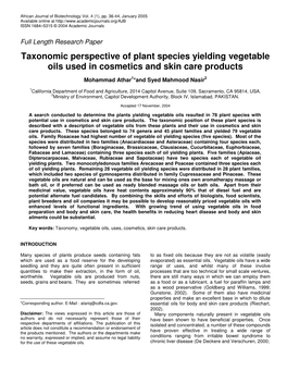 Plant Species Yielding Vegetable Oils Used in Cosmetics and Skin Care Products