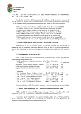Ayuntamiento De VALDERREY (León) ACTA DE LA SESION EXTRAORDINARIA DEL AYUNTAMIENTO DE VALDERREY, DIA 13 DE FEBRERO DE 2.008