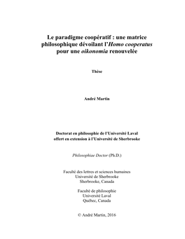 Le Paradigme Coopératif : Une Matrice Philosophique Dévoilant L'homo Cooperatus Pour Une Oikonomia Renouvelée