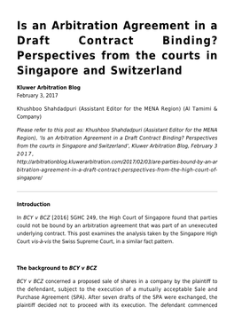 Is an Arbitration Agreement in a Draft Contract Binding? Perspectives from the Courts in Singapore and Switzerland