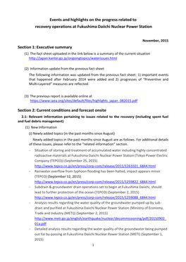 Events and Highlights on the Progress Related to Recovery Operations at Fukushima Daiichi Nuclear Power Station
