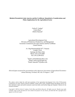 Biofuels Potential in Latin America and the Caribbean: Quantitative Considerations and Policy Implications for the Agricultural Sector