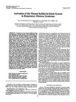 Activation of the Plasma Kallikrein-Kinin System in Respiratory Distress Syndrome