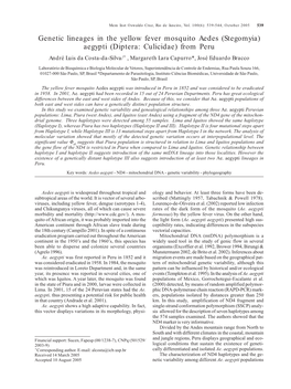 Genetic Lineages in the Yellow Fever Mosquito Aedes (Stegomyia) Aegypti (Diptera: Culicidae) from Peru