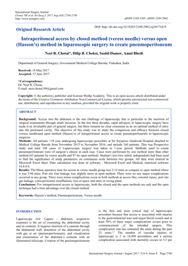 Intraperitoneal Access by Closed Method (Veress Needle) Versus Open (Hasson’S) Method in Laparoscopic Surgery to Create Pneumoperitoneum