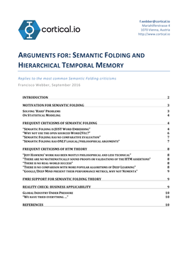 Arguments For: Semantic Folding and Hierarchical Temporal Memory