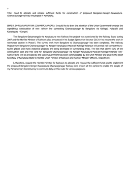 Need to Allocate and Release Sufficient Funds for Construction of Proposed Bangalore-Kengeri-Kanakapura- Chamarajanagar Railway Line Project in Karnataka