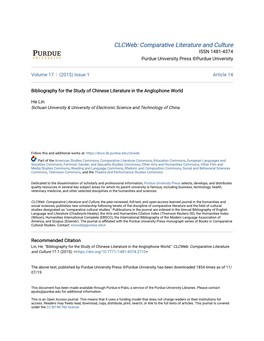 Bibliography for the Study of Chinese Literature in the Anglophone World