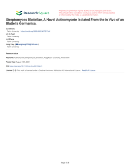 Streptomyces Blattellae, a Novel Actinomycete Isolated from the in Vivo of an Blattella Germanica