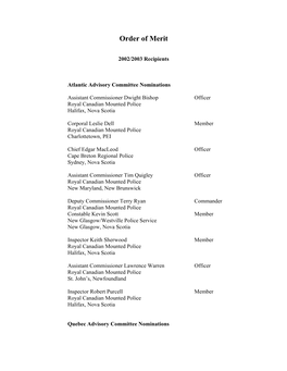 Order of Merit List of Recipients 2002-2003